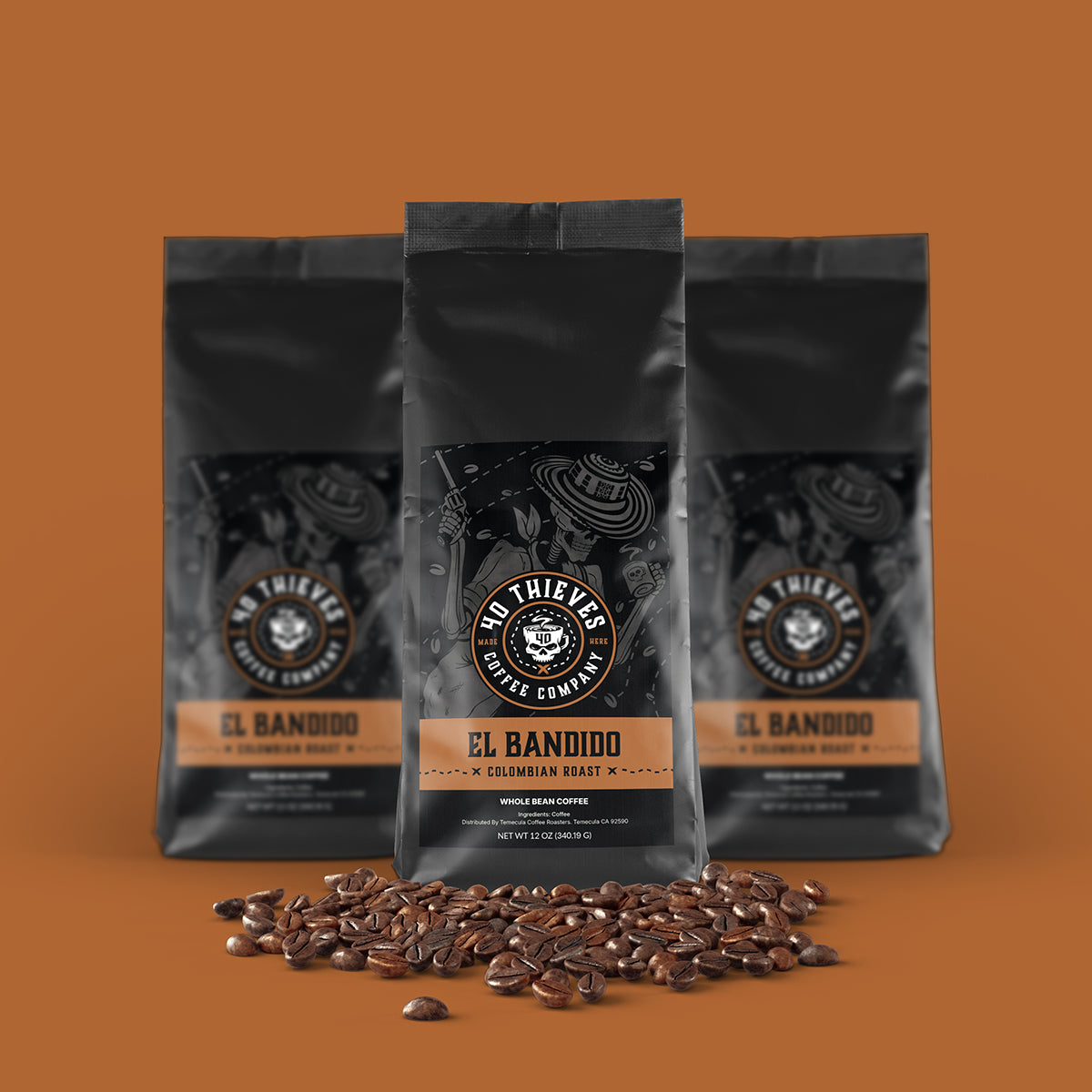 El Bandido Colombian Roast Coffee bags with roasted beans on a textured background, highlighting quality coffee experience.