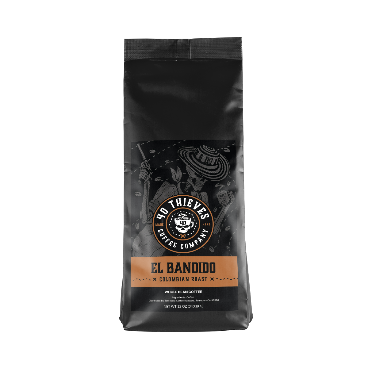 El Bandido Colombian roast coffee bag featuring a bold design and whole bean packaging.