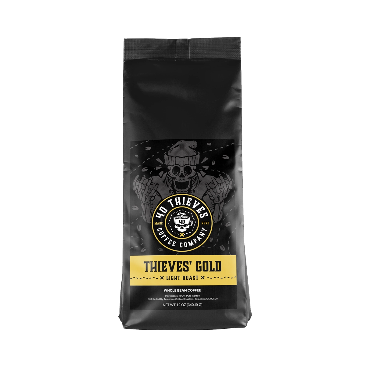 Thieves’ Gold light roast coffee bags showcasing the best light roast coffee and blonde roast espresso made from premium quality coffee beans sourced from Central America and Africa.