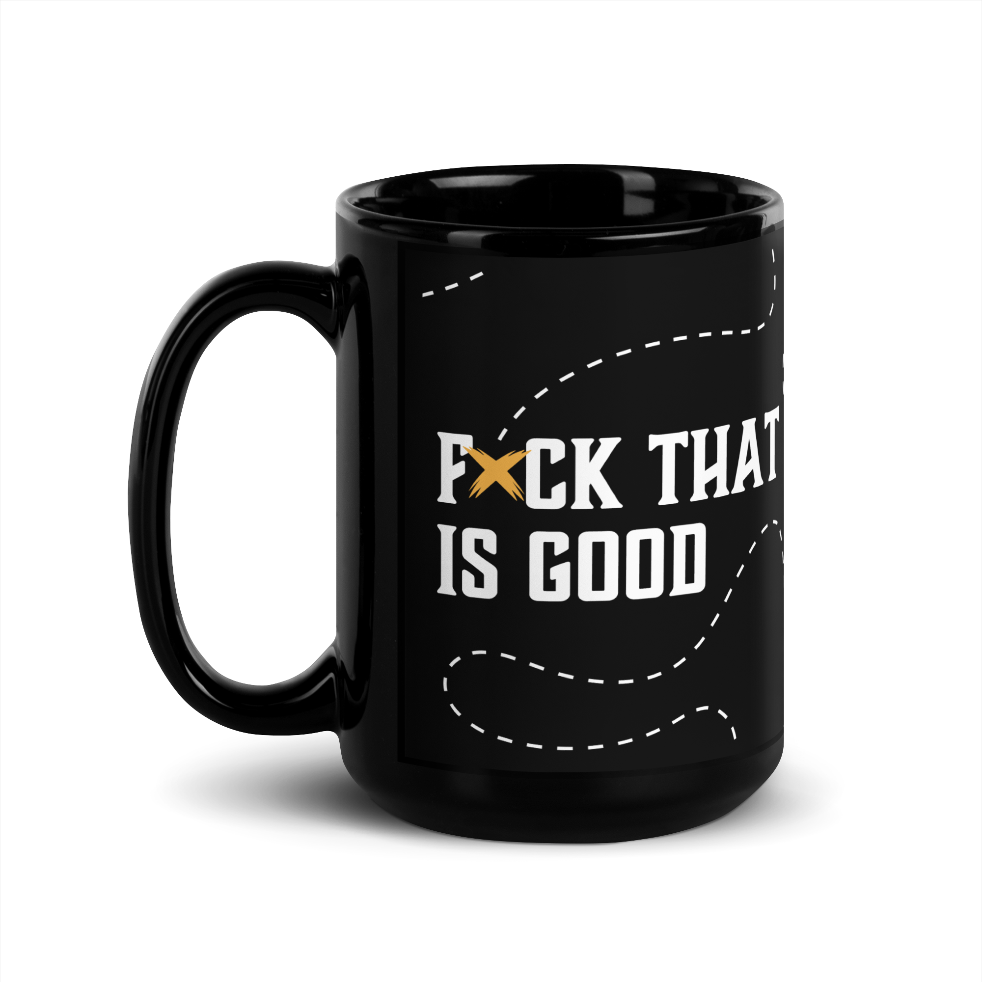 Black ceramic mug featuring humorous text, ideal for coffee or tea, hand-wash only, 11 oz capacity.