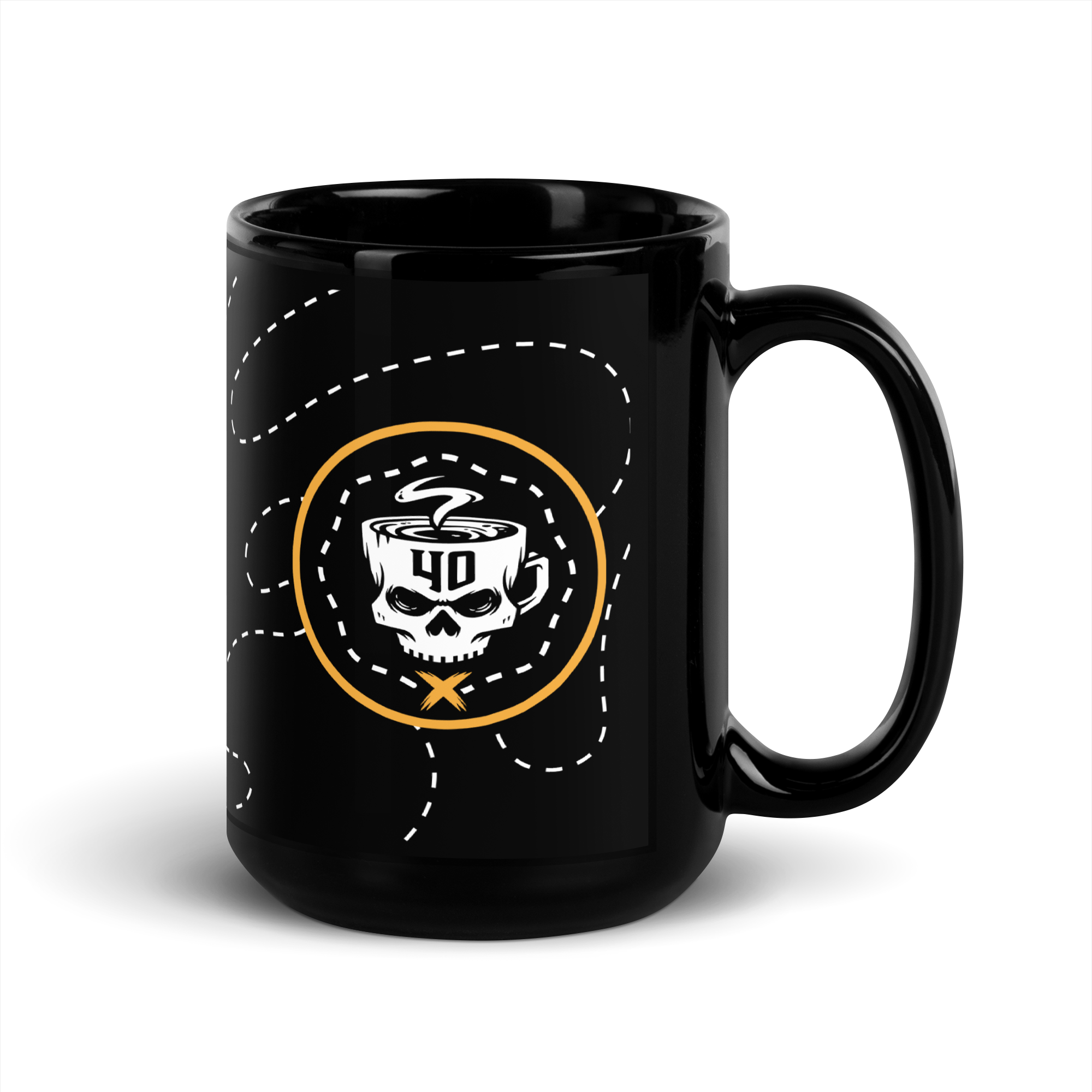 Black ceramic mug with skull and coffee design, perfect for coffee or tea, 11 oz size.