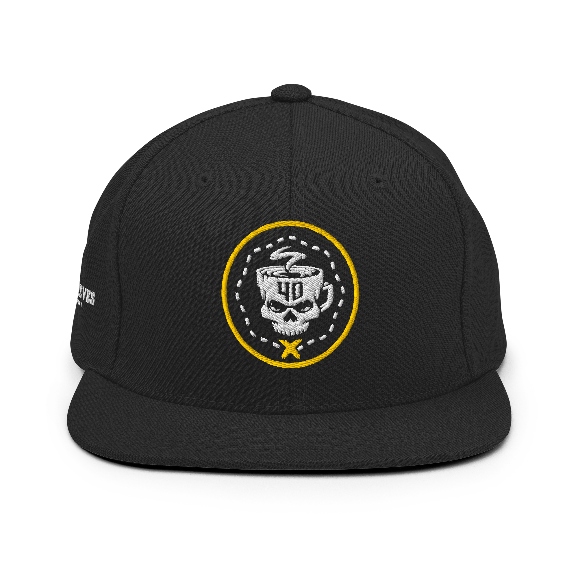 A Thieves' Snapback hat featuring a skull logo with a yellow circle, black structured design, and flat brim.