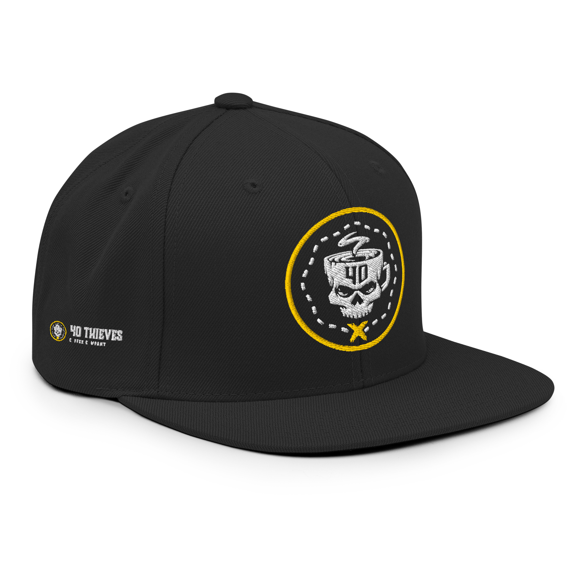 Black snapback hat with 40 Thieves logo and embroidered skull design, adjustable fit for comfort and style.