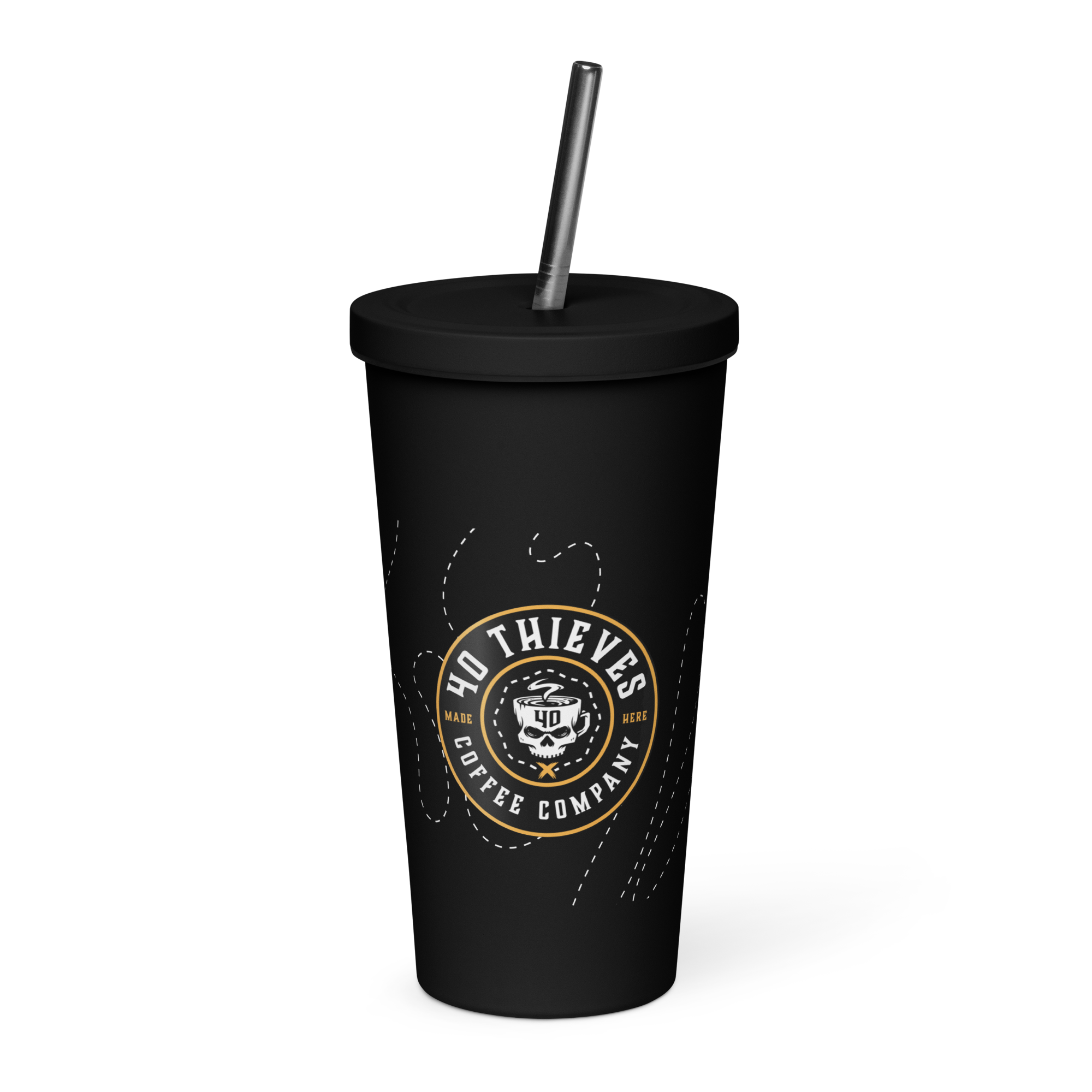 Insulated black tumbler with straw featuring 40 Thieves Coffee Company logo, stylish and functional drinkware.