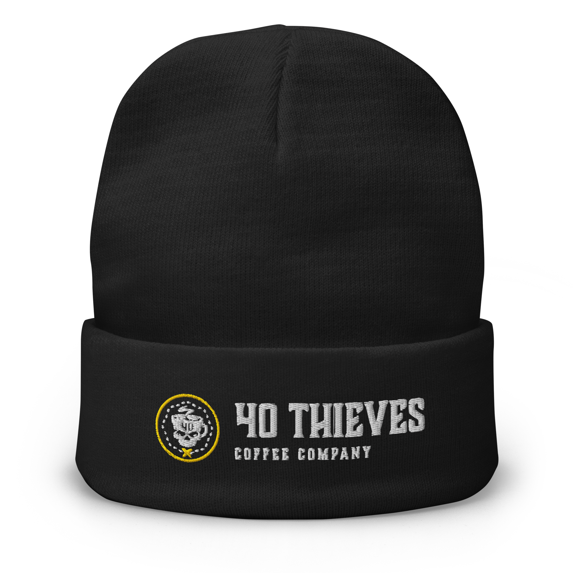 Black beanie hat with '40 Thieves Coffee Company' embroidered logo, perfect for cozy wear.