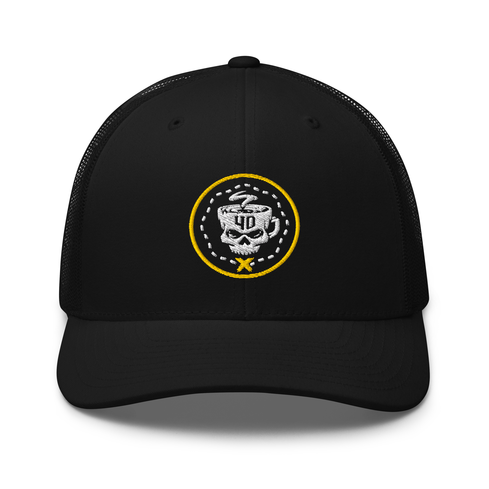 A black trucker cap featuring an embroidered circular design with a skull and crossbones detail.