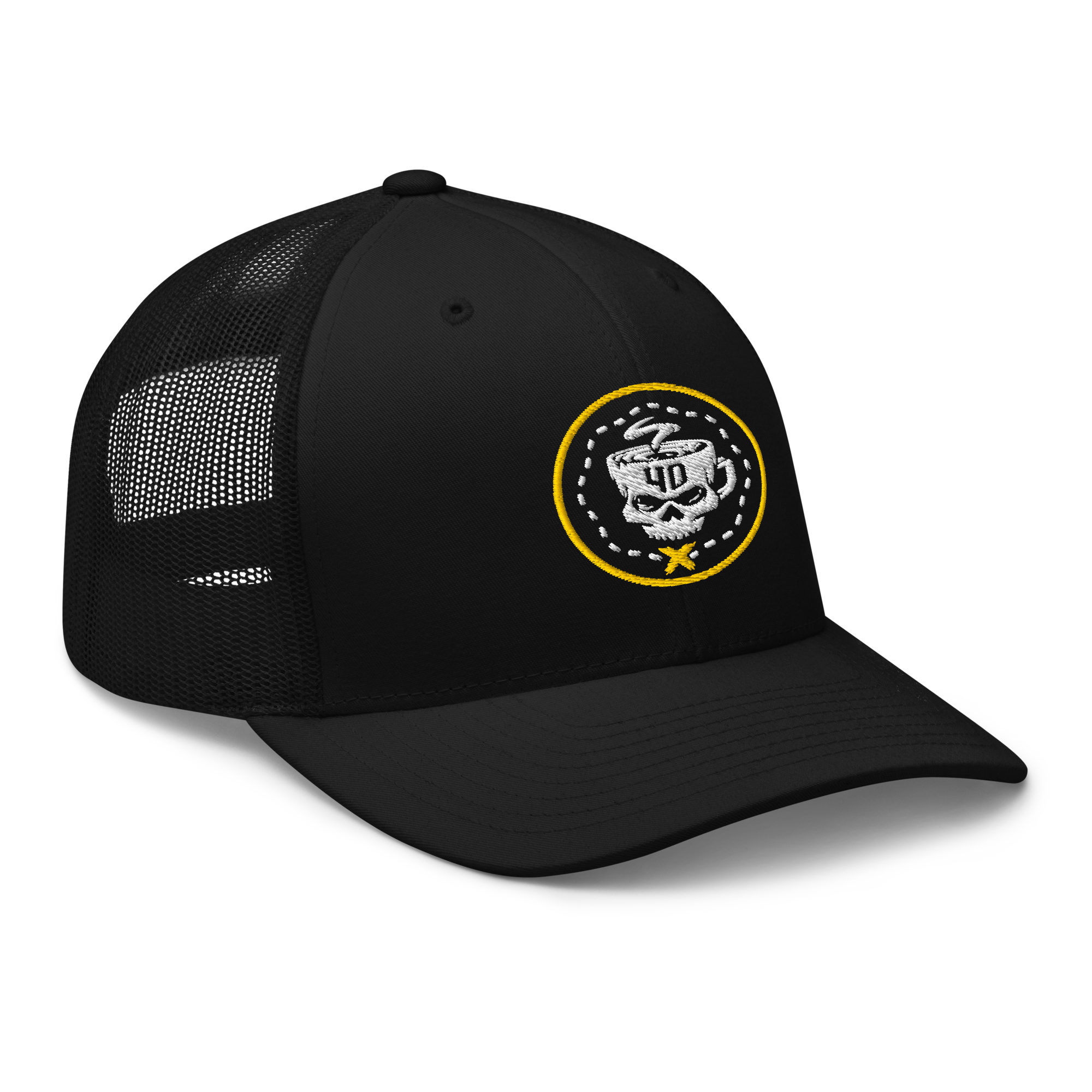 Black trucker cap with skull logo and yellow circle design, perfect for stylish sun protection.