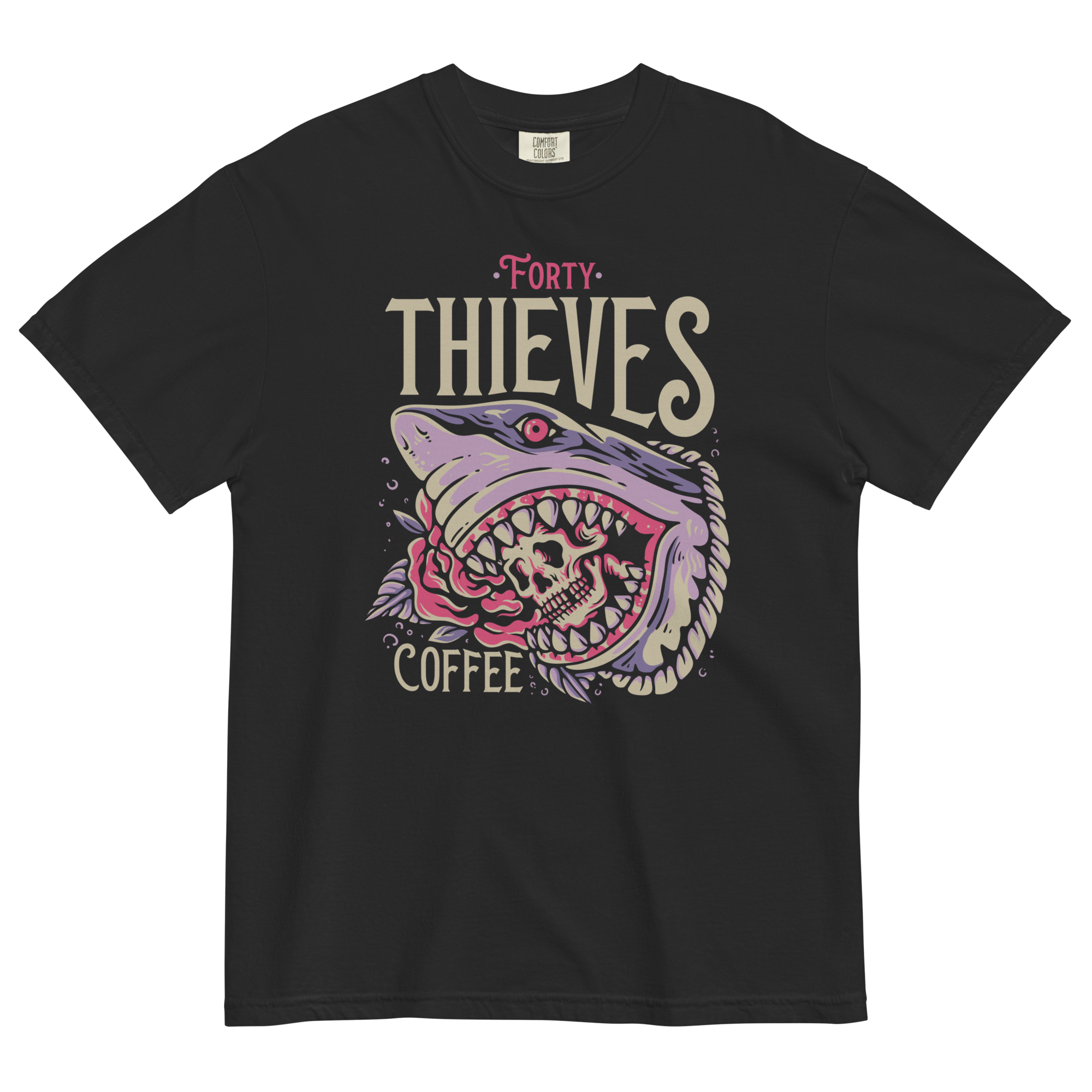 Black t-shirt featuring a graphic of a shark with a rose and text "Forty Thieves Coffee" in bold lettering.