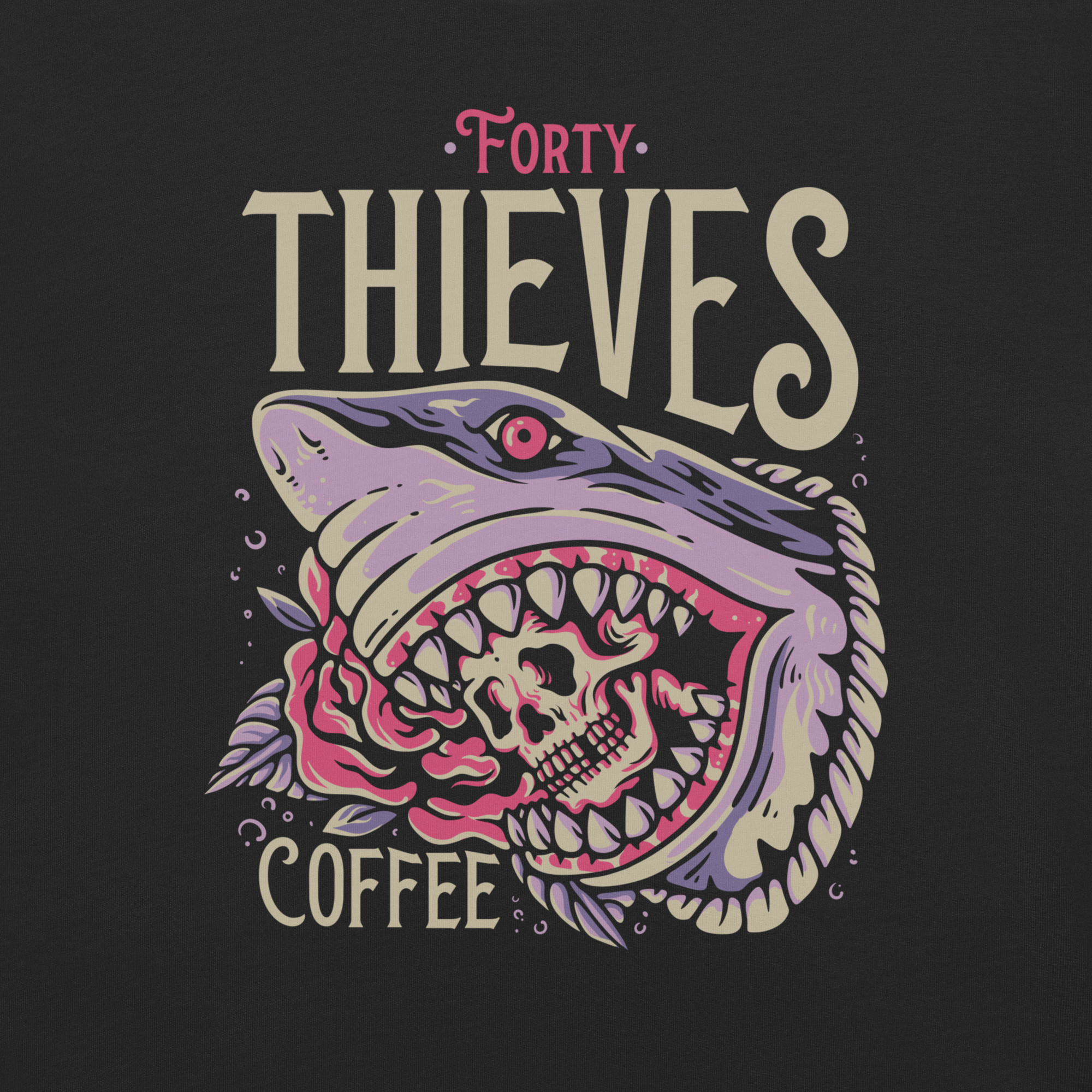 Illustration of a shark with a skull and roses, featuring 'Forty Thieves Coffee' in bold letters.