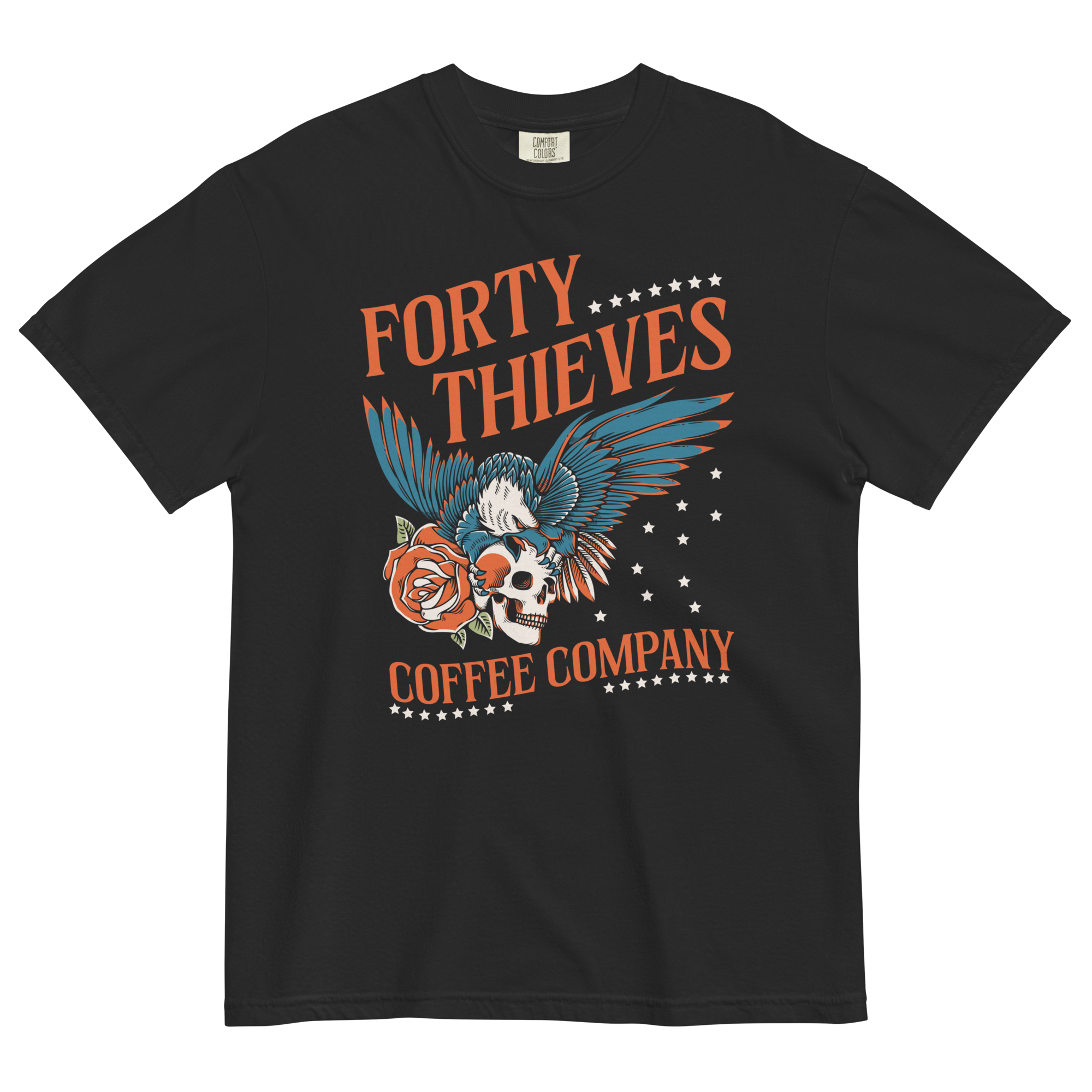 Black t-shirt featuring graphic of skull, roses, and text 'Forty Thieves Coffee Company' with wings.