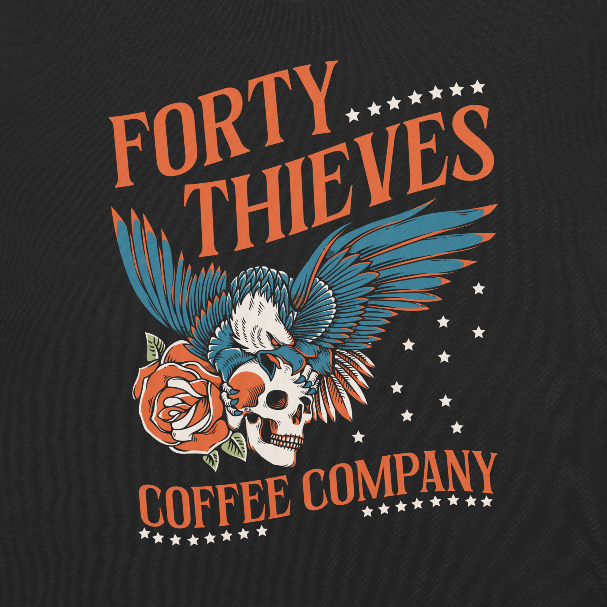 Forty Thieves Coffee Company graphic with skull, rose, and eagle design on a black t-shirt.