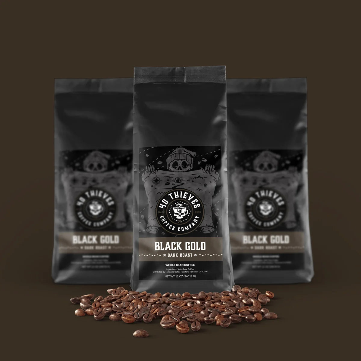 A trio of Black Gold espresso coffee bags highlighting rich, dark coffee, regarded as the best dark roast coffee and espresso for premium coffee lovers.