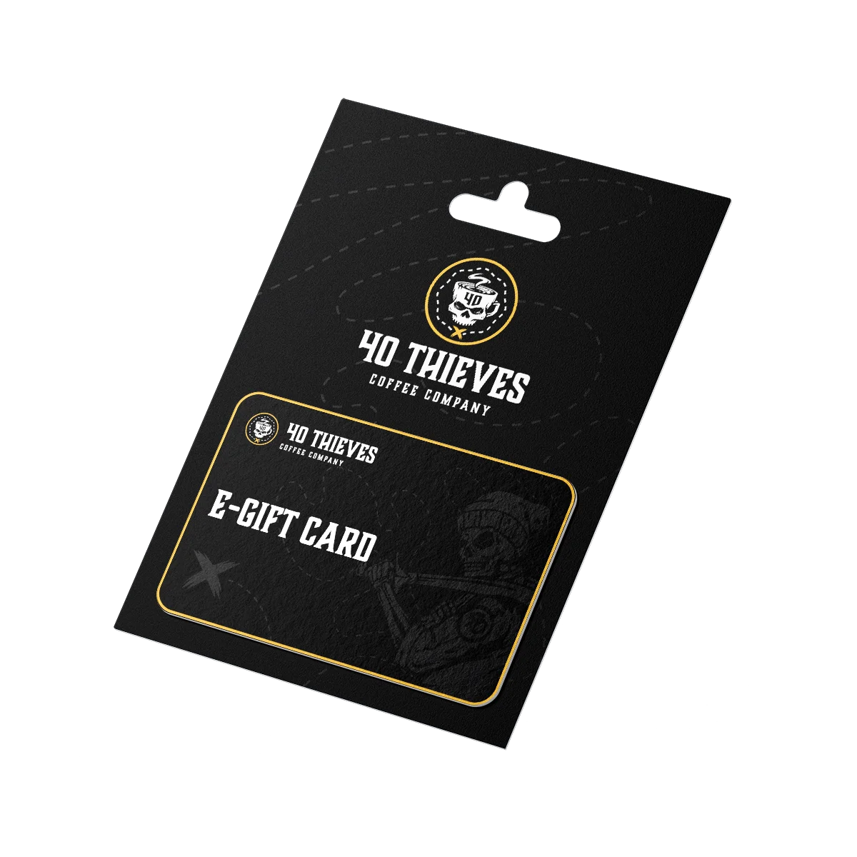 Coffee gift card from 40 Thieves, offering the freedom to choose bold coffee blends.