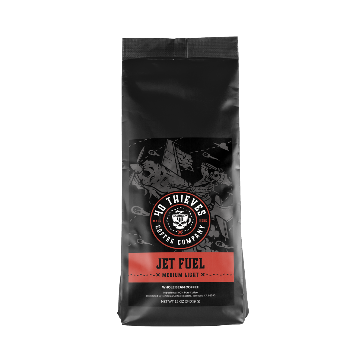 "JetFuel high caffeine coffee packaging featuring premium medium-light roast beans.