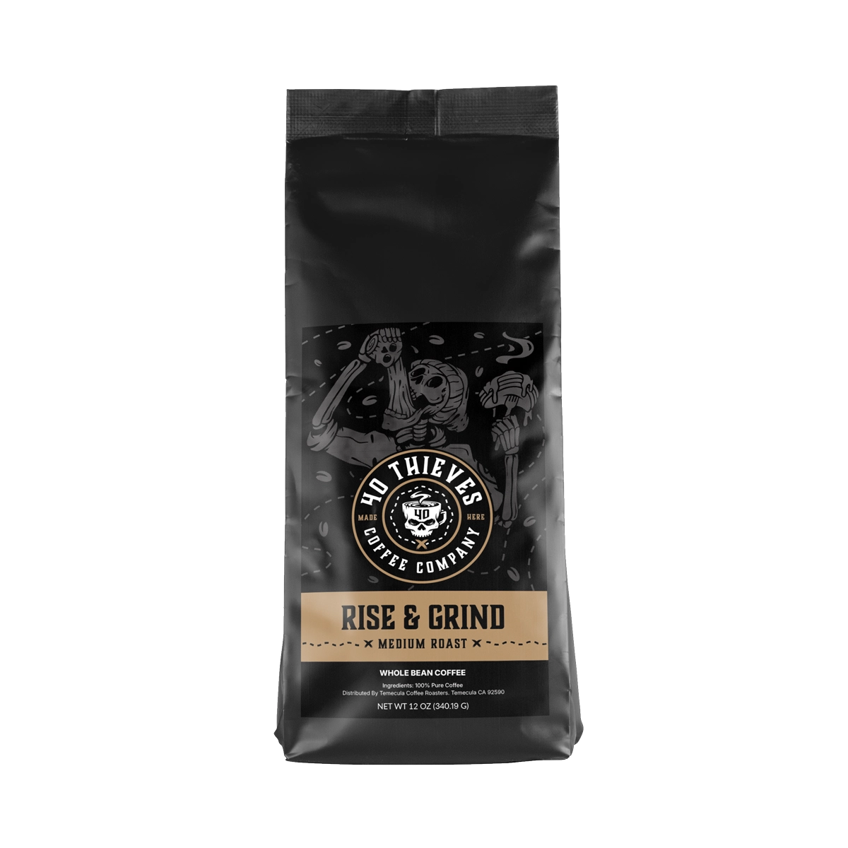 Rise & Grind medium roast coffee packaging featuring breakfast blend details.