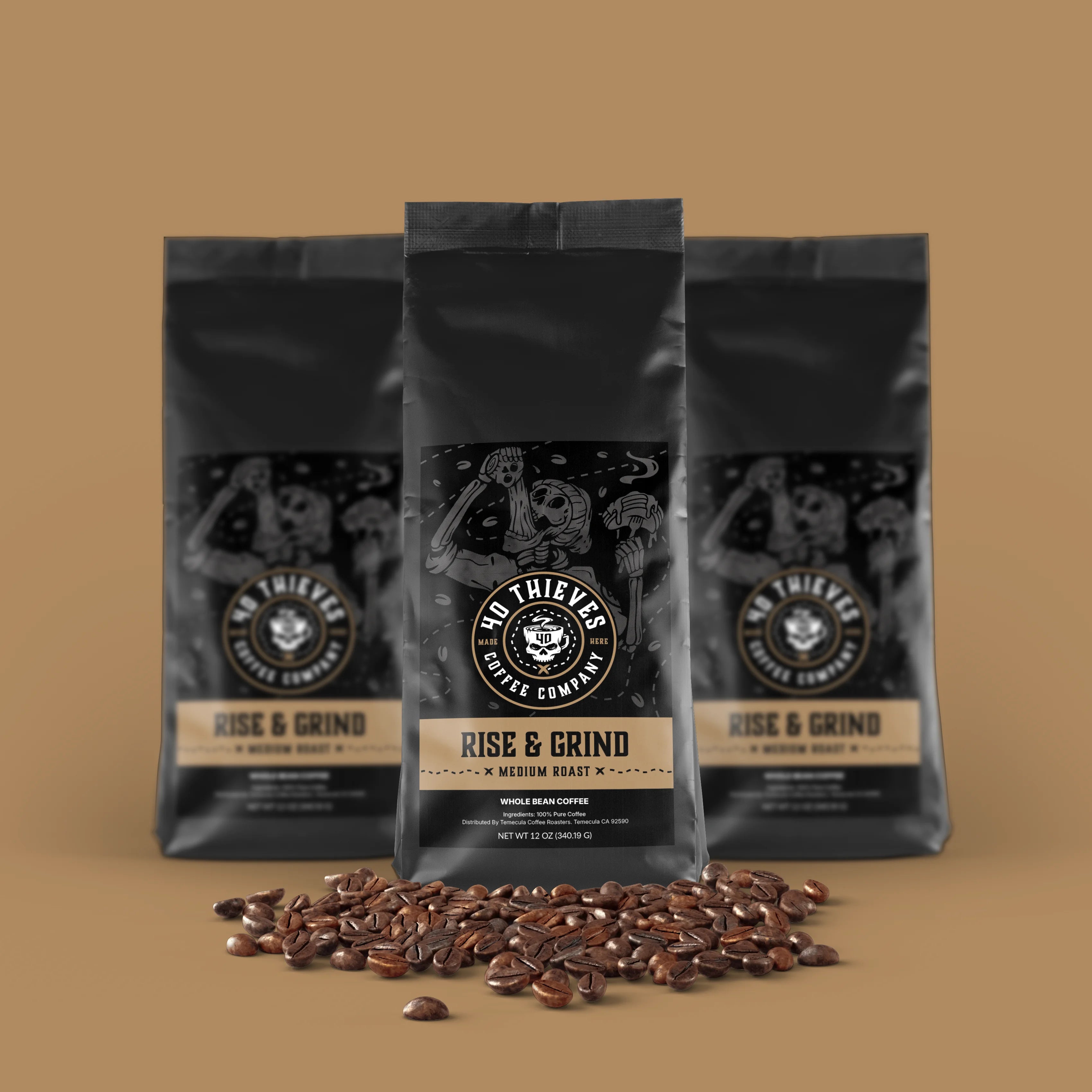 "Rise & Grind coffee flavor notes infographic: fruit, cocoa, granola, and maple.