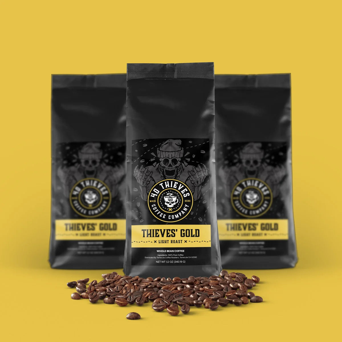 A trio of Thieves’ Gold light roast espresso beans, crafted as the best blonde roast coffee, perfect for lovers of premium coffee and quality coffee beans.